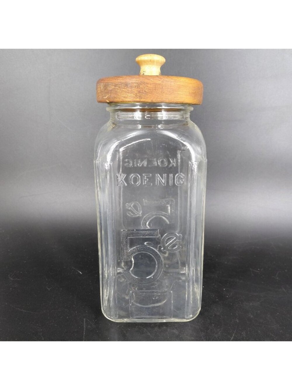 Vintage Koenig 5 Cent Glass Candy Jar Square Brown Wood Lid Store Counter
